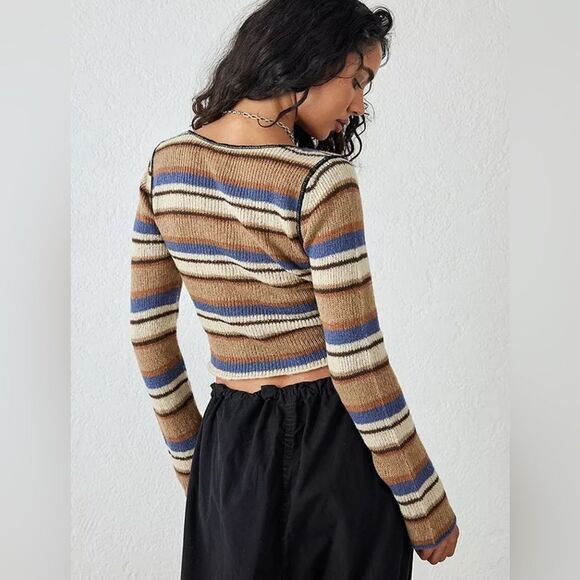 ✨ BDG Urban Outfitters Striped Notch Neck Crop Top Sweater Brown - Picture 1 of 14